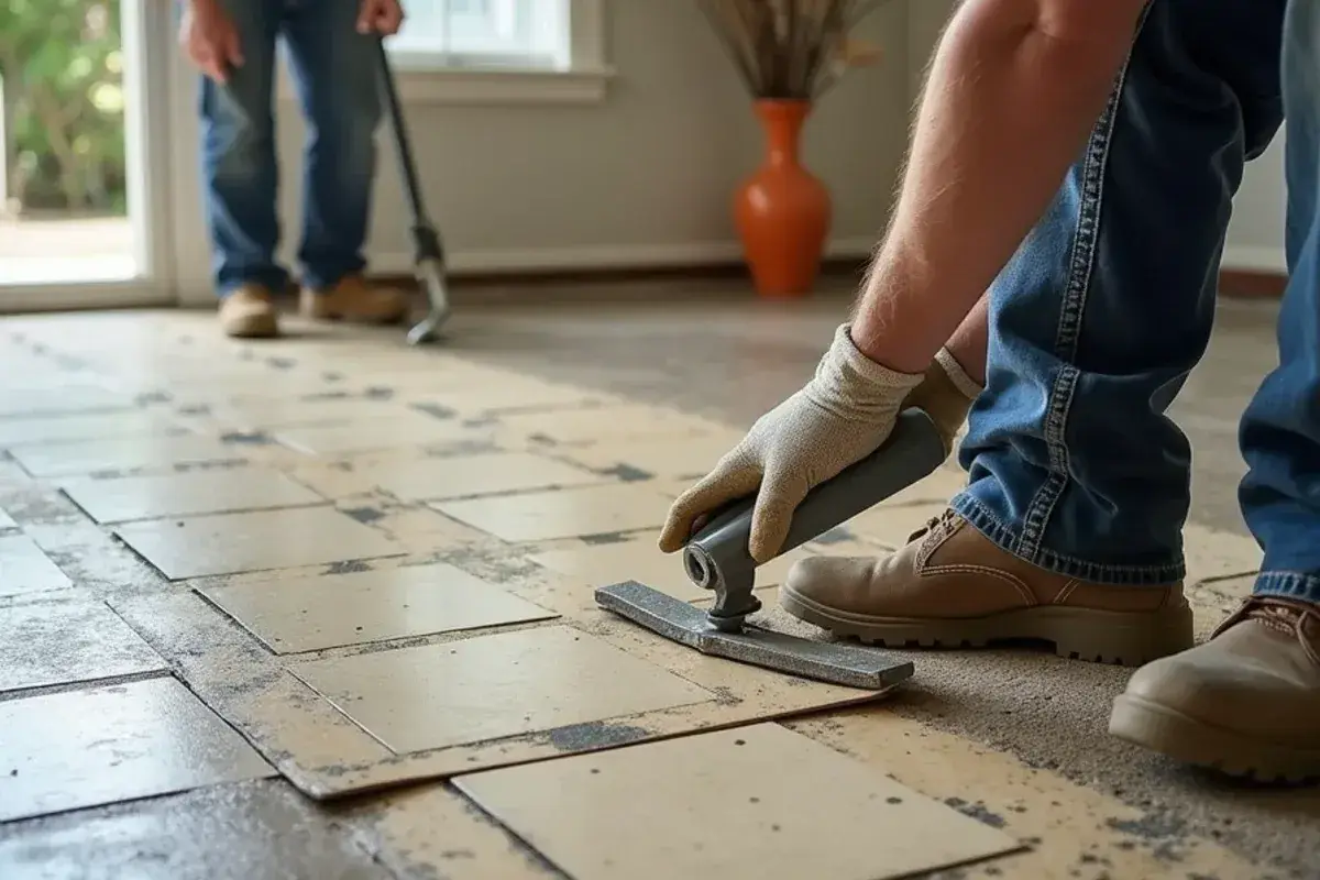 Old vinyl composition tile and black adhesive found under carpet in a Bellair-Meadowbrook Terrace, FL home