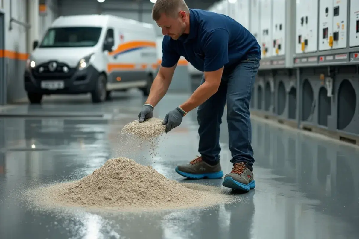 Applicator broadcasting slip-resistant aggregate into a resin floor near a dish area in Jacksonville, FL