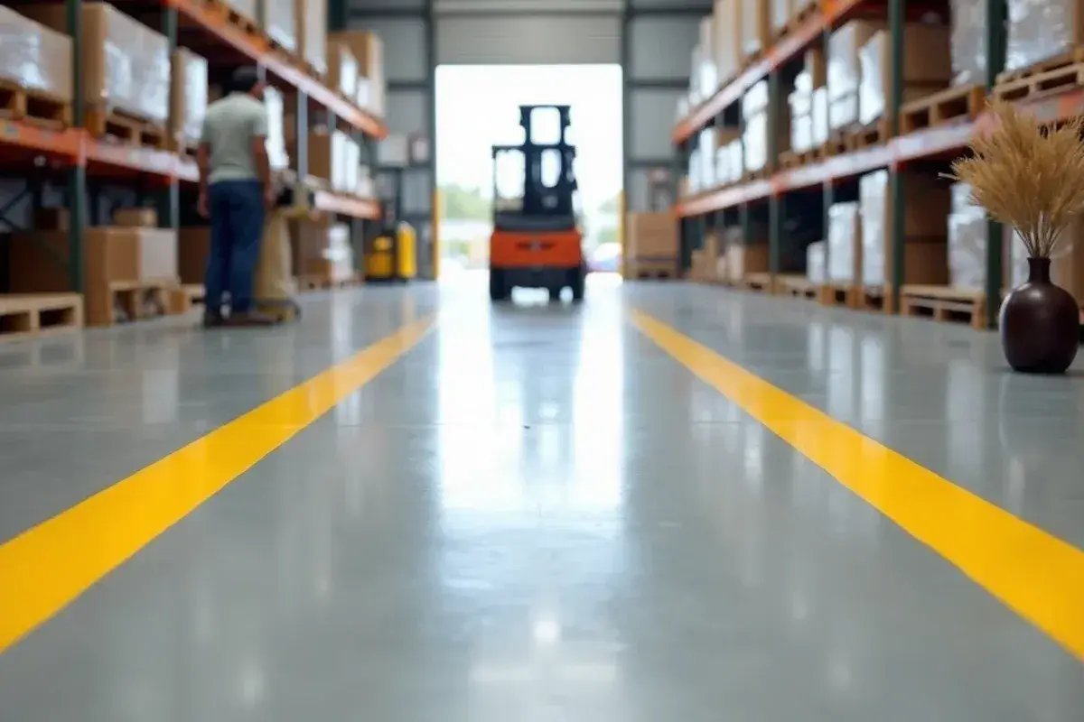 Warehouse floor with coated aisles and yellow striping in Green Cove Springs, FL