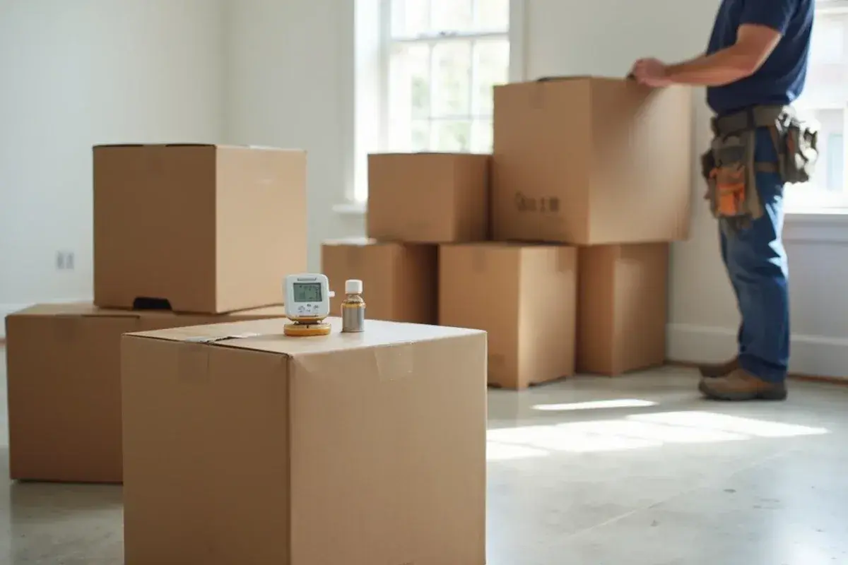 Boxes of laminate acclimating mid-room before installation in a St. Johns County, FL home
