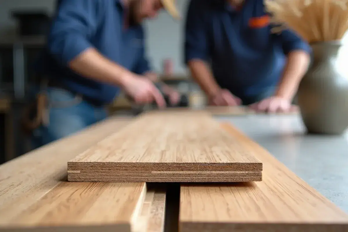 Cut samples of engineered hardwood and laminate showing core layers in a Jacksonville, FL showroom