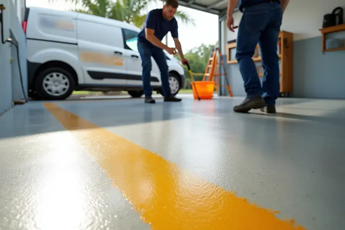 Older epoxy garage floor yellowed near the open door in Ponte Vedra Beach, FL