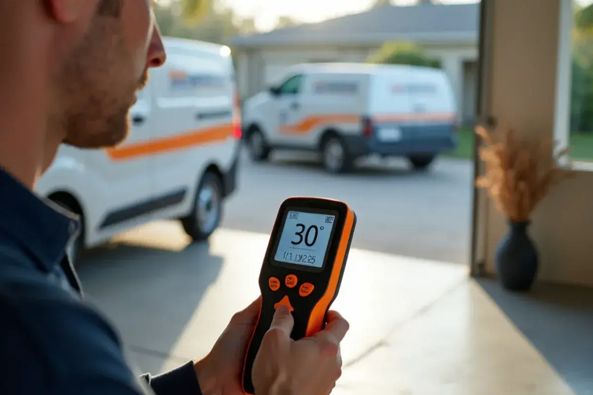 Technician reading slab temperature and dew point before coating a Jacksonville, FL garage