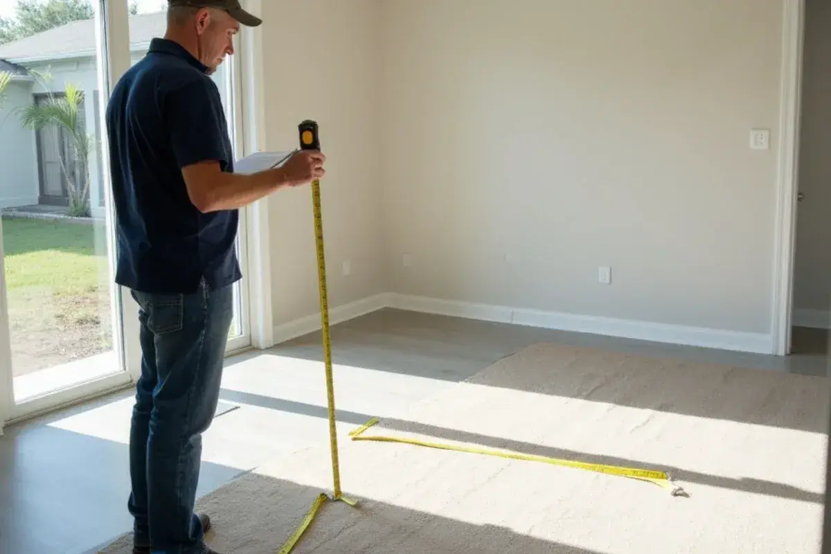 Estimator measuring an open living room for new flooring in a Duval County, FL home