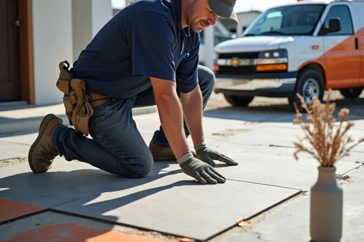 Tile setter laying porcelain over an uncoupling membrane in a new St. Johns County, FL home