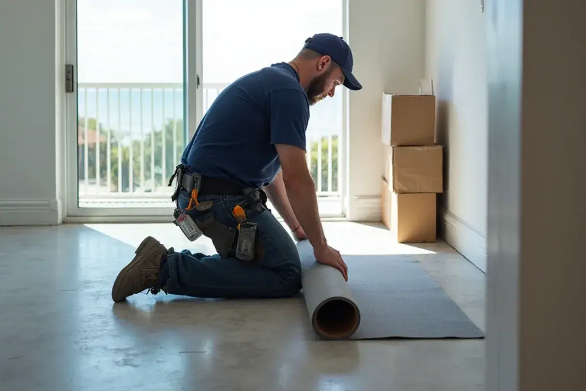 Installer rolling acoustic underlayment over a slab in an oceanfront condo in Jacksonville Beach, FL