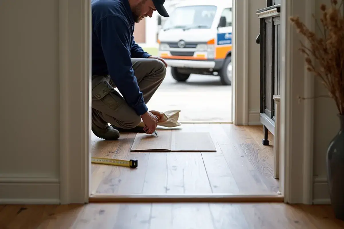 Flooring samples laid against an existing plank floor to check a color match in a Jacksonville, FL home