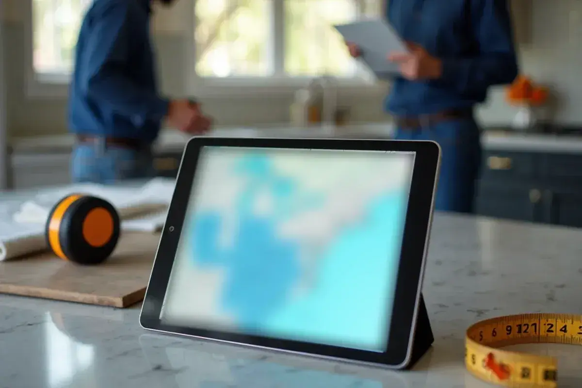 Homeowner reviewing a flood zone map on a tablet before choosing floors in Duval County, FL