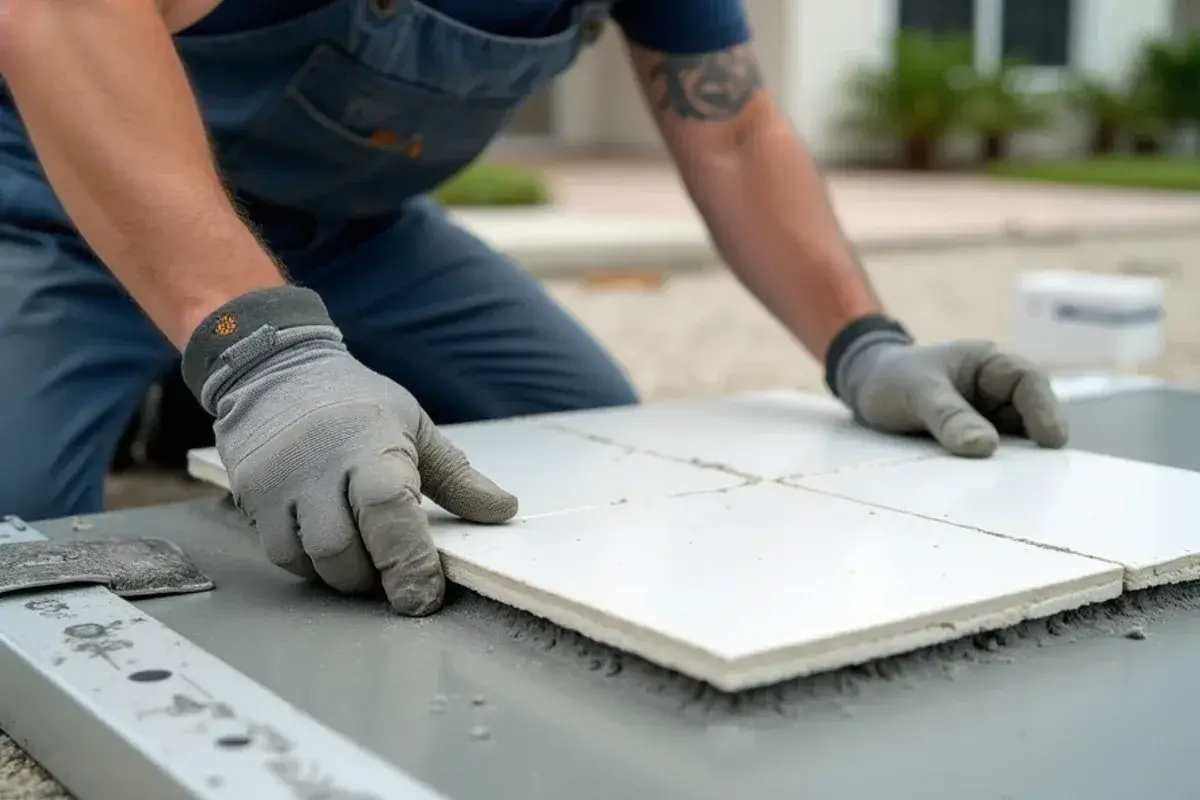 Installer setting porcelain tile in cement mortar on a concrete slab in Jacksonville, FL