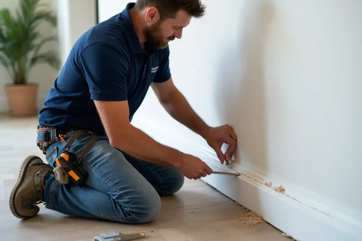 Installer checking the expansion gap behind removed baseboard in a St. Johns, FL home