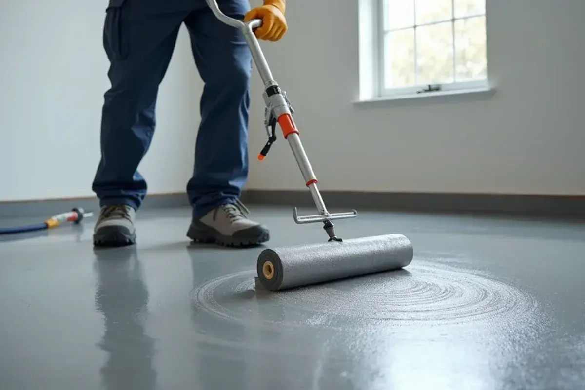 Applicator working a metallic epoxy coat with a roller on a ground slab in Duval County, FL