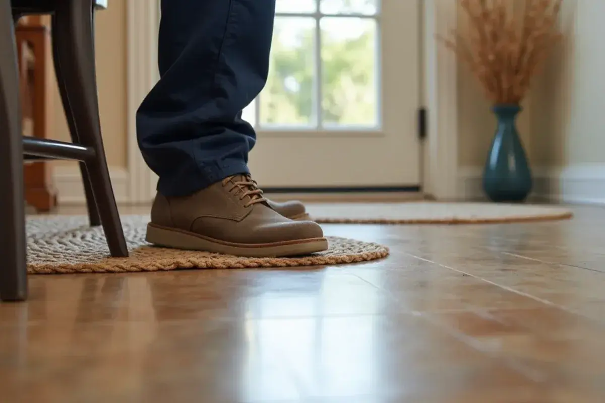 Felt pads under a dining chair on a metallic epoxy floor in a Fernandina Beach, FL home