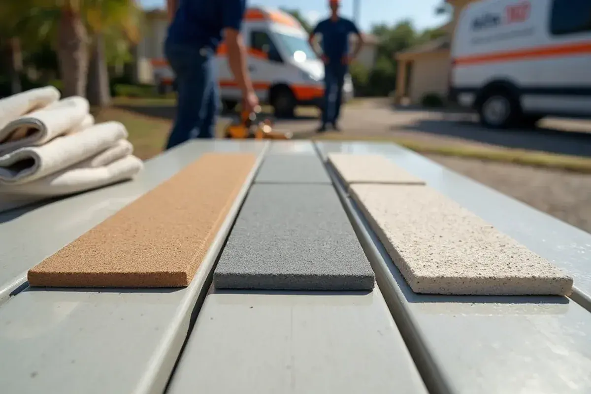Acrylic texture, flake coating and sealed pavers side by side on Northeast Florida patios