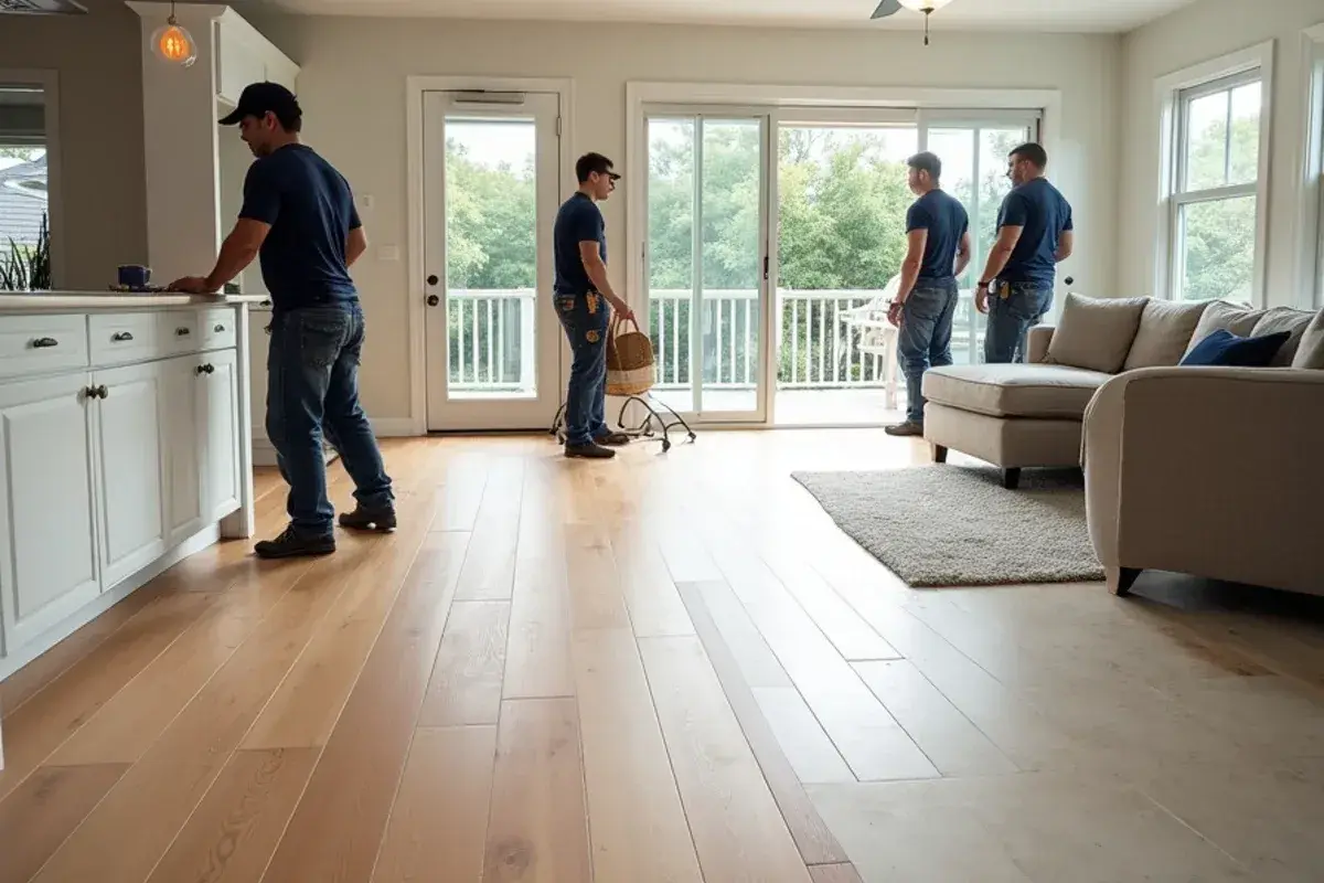 Open floor plan where porcelain tile meets wood flooring in a coastal St. Johns County, FL home
