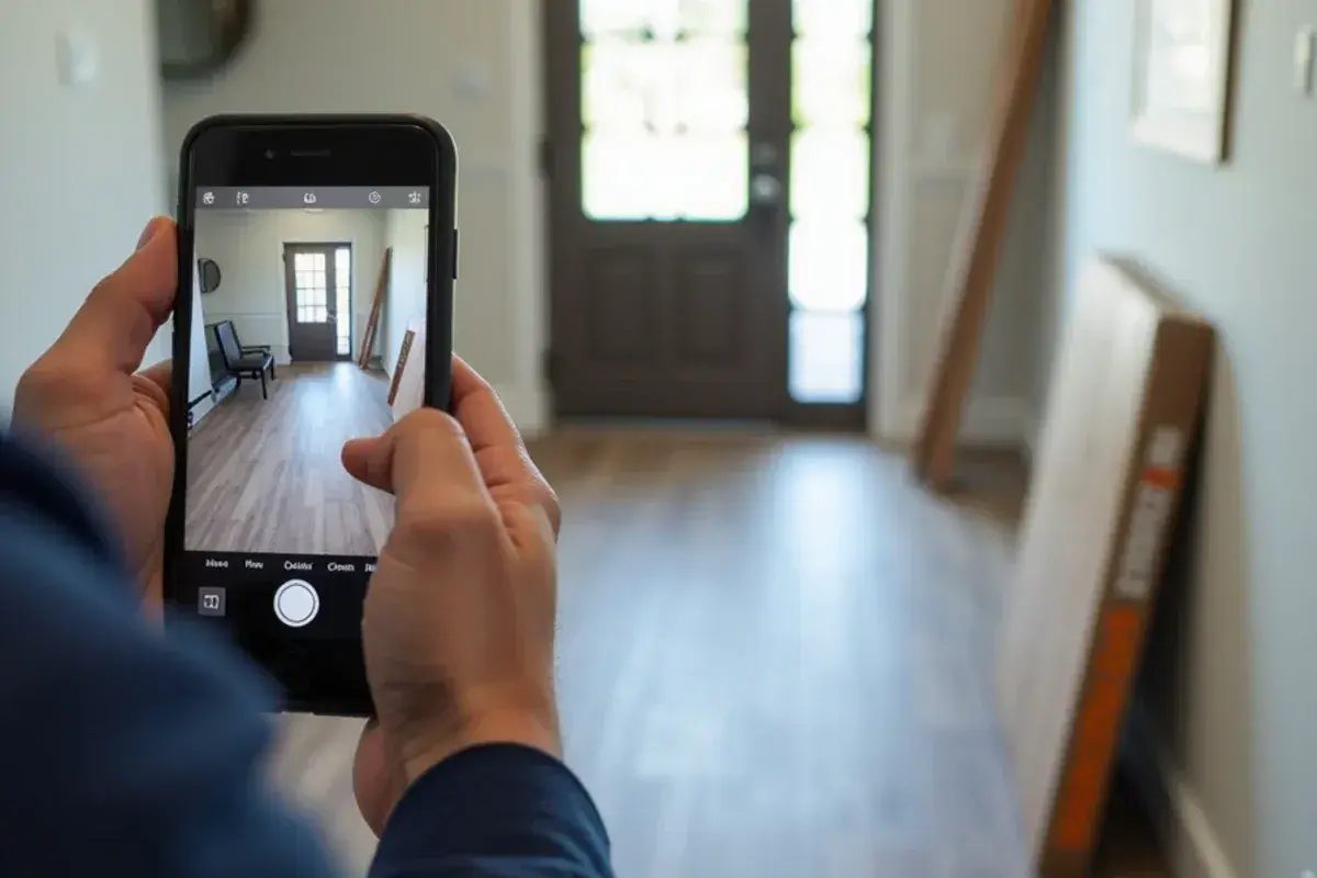 Homeowner filming a floor inventory with a phone before a hurricane in Northeast Florida
