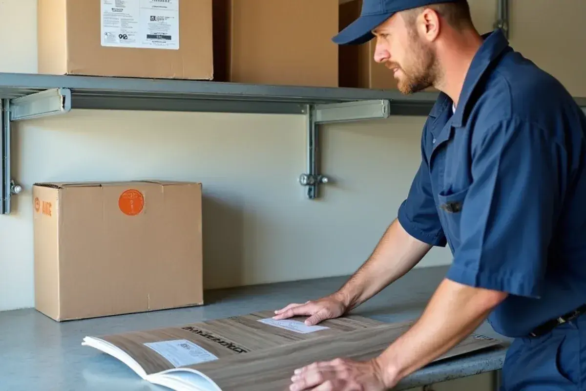 Spare boxes of vinyl plank and tile stored on a high garage shelf in St. Augustine Beach, FL
