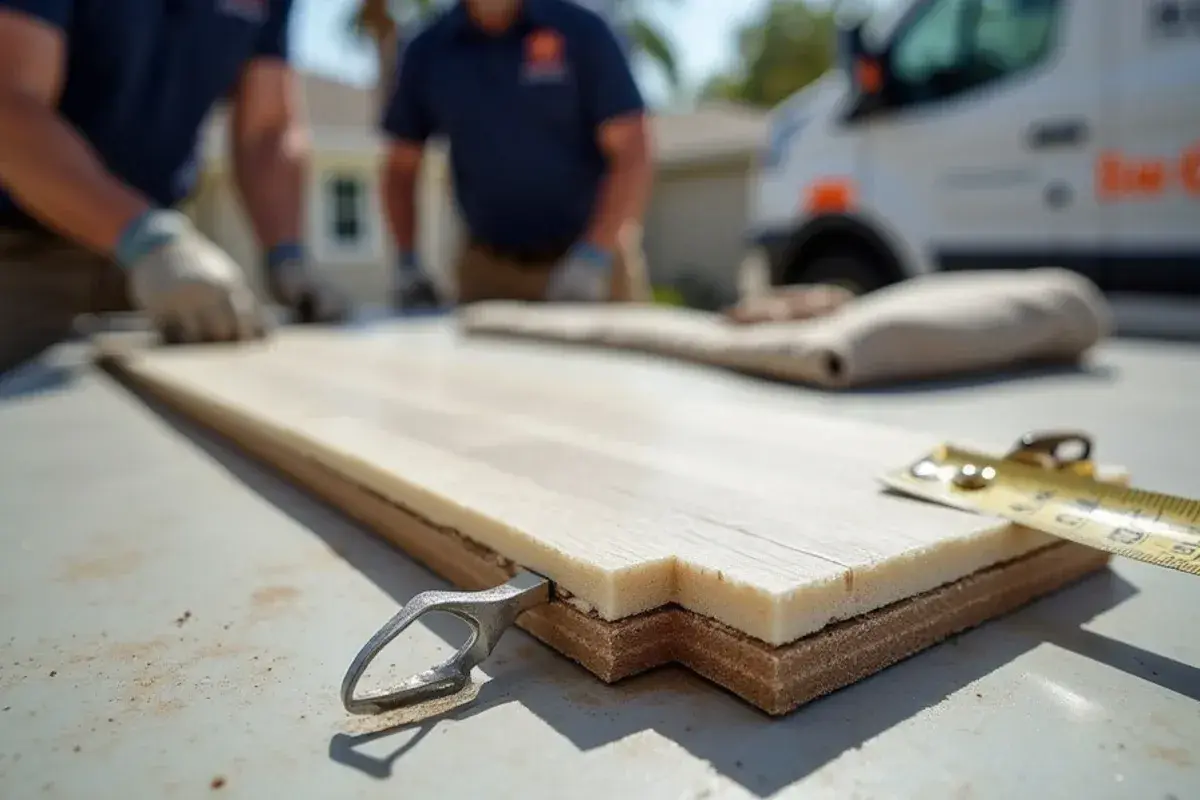 Cross-section of a rigid-core vinyl plank showing wear layer and attached pad for Jacksonville, FL rentals