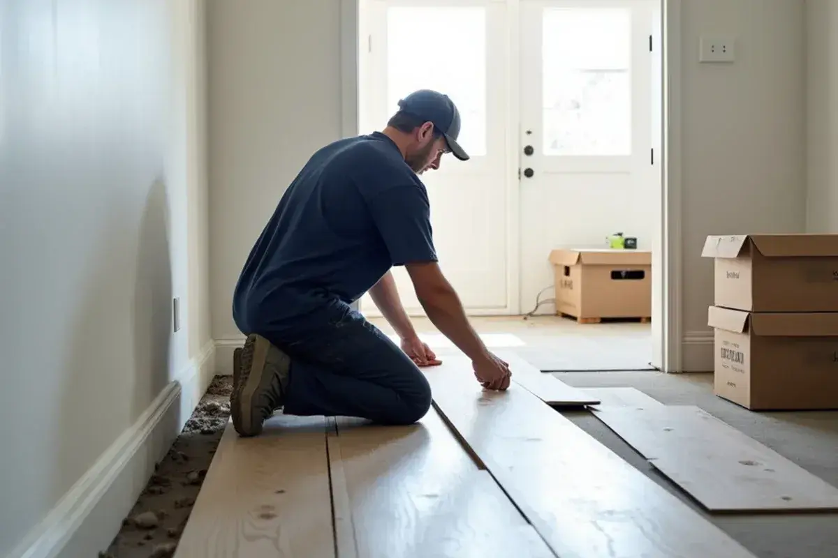 Installer clicking vinyl planks into place during a unit turnover in a Duval County, FL apartment