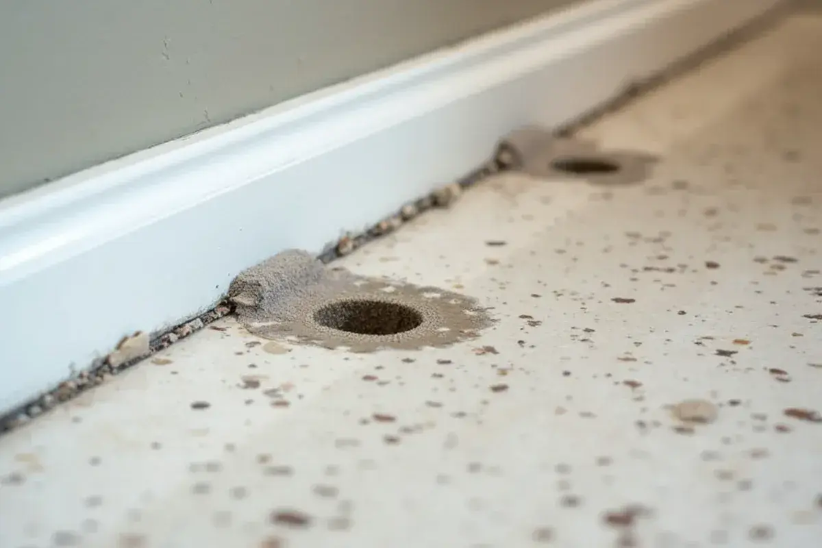 Tack strip nail holes and old pad residue along the wall on terrazzo in a Duval County, FL home