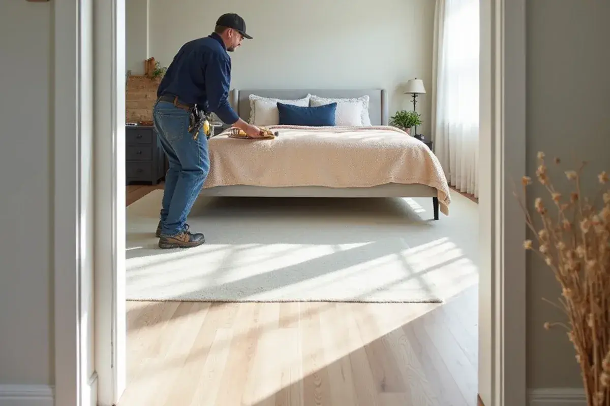 Wood-look vinyl plank floated over terrazzo in a Neptune Beach, FL bedroom