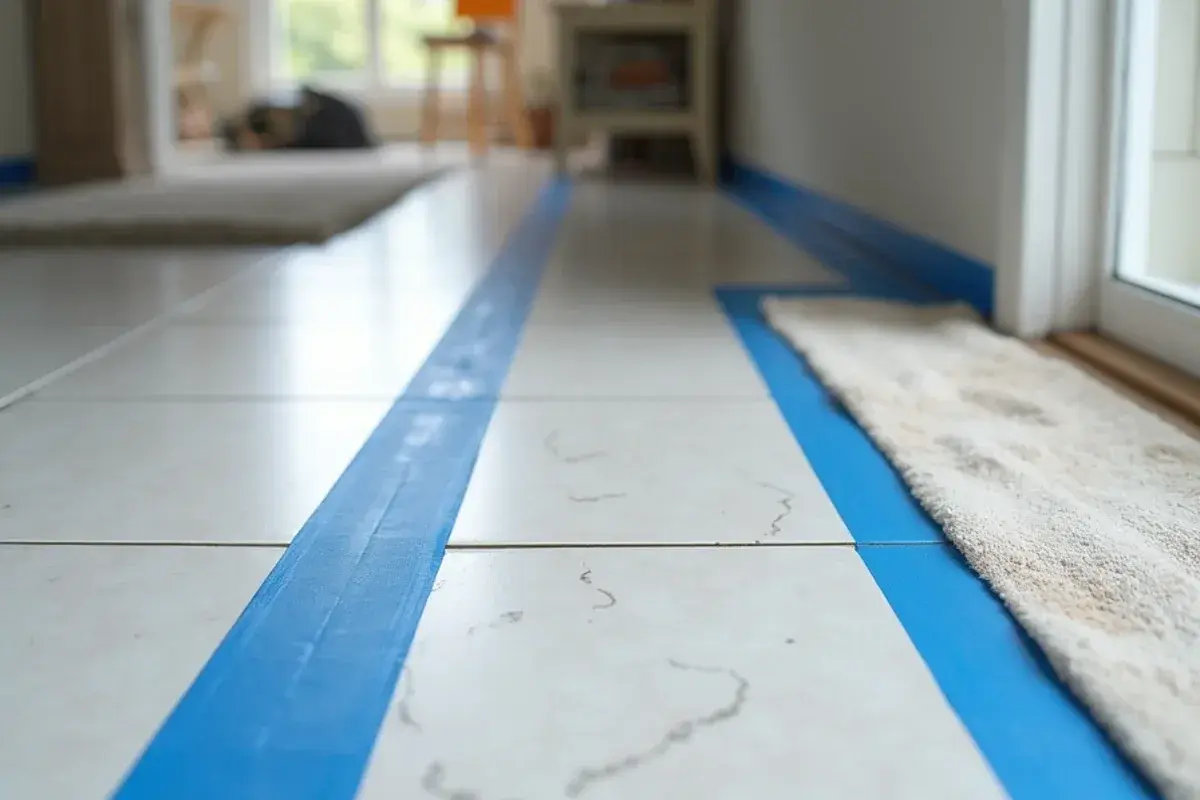 Painter's tape marking off a tented tile ridge as a trip hazard in a Lakeside, FL home