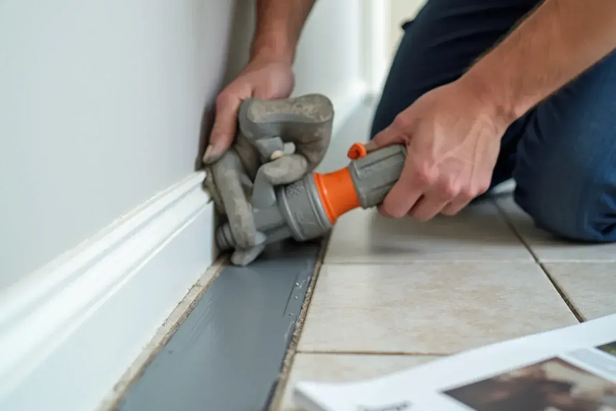 Installer sealing a perimeter movement joint along a wall in a re-set tile floor in Jacksonville, FL
