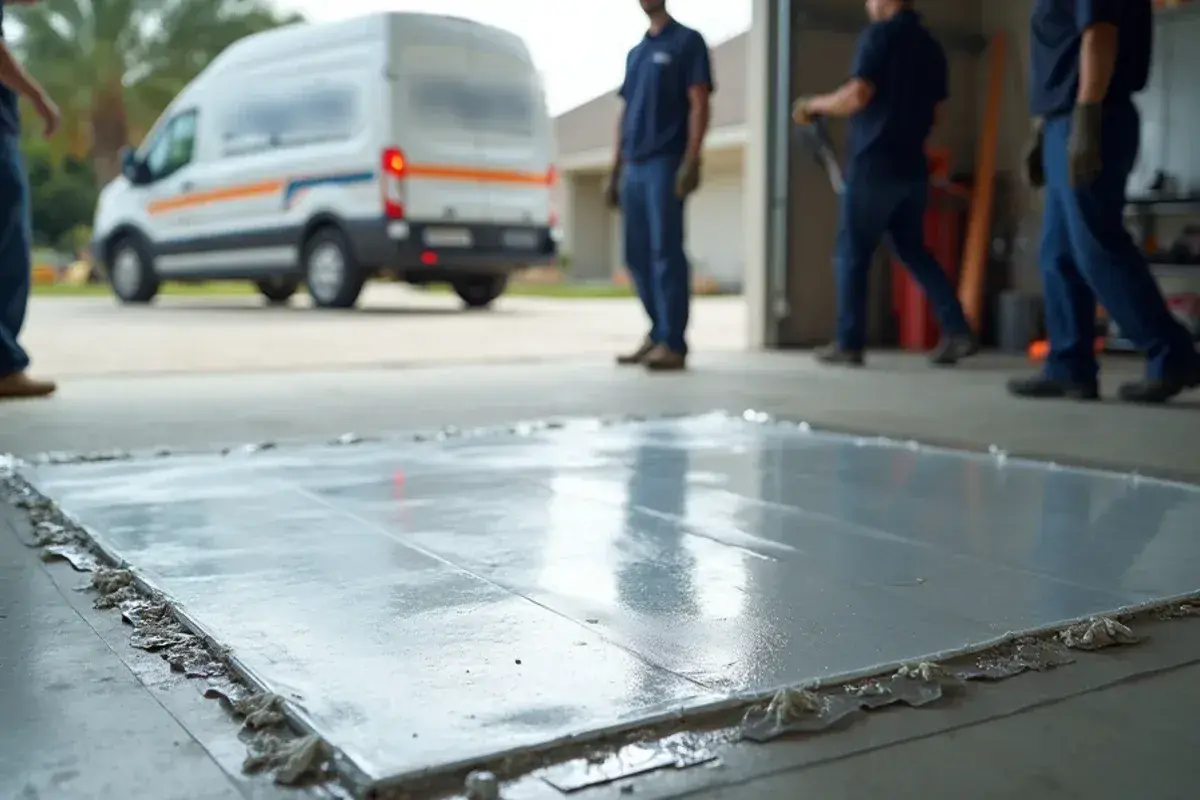 Taped plastic sheet moisture test on a bare garage slab in Oakleaf Plantation, FL