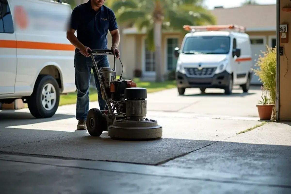 Diamond grinder removing a failed coating from a three-car garage slab in Clay County, FL