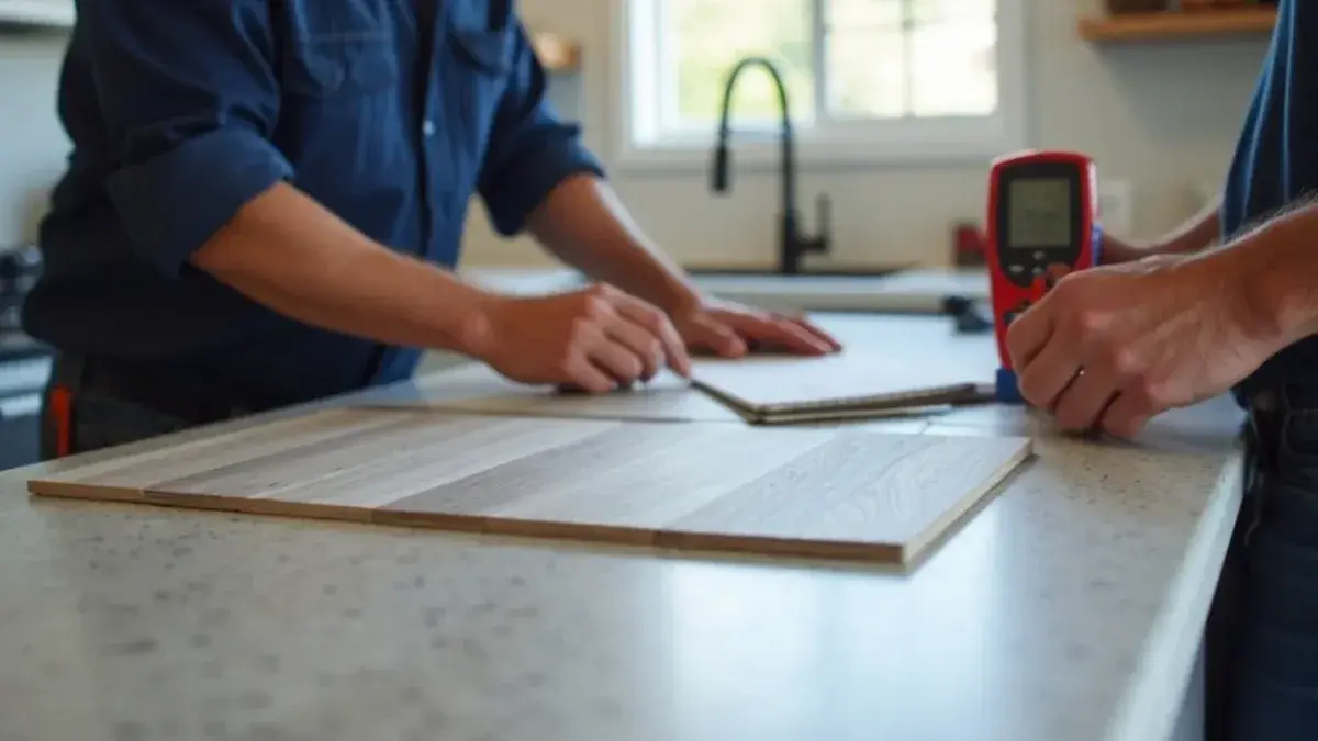 Flooring estimator comparing tile and vinyl plank samples on a kitchen counter in Jacksonville, FL