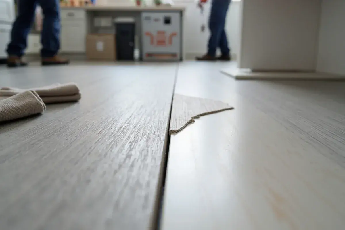 Vinyl plank peaking at a seam beside a kitchen island in a Jacksonville, FL home