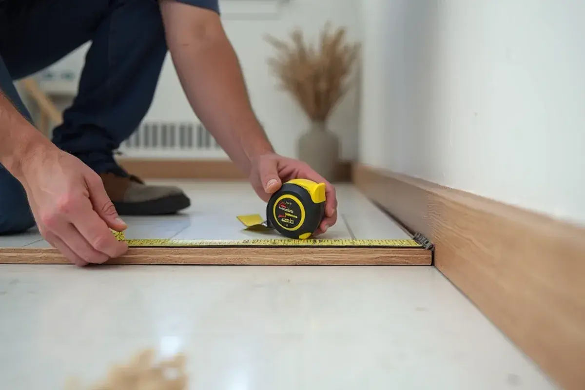 Checking the expansion gap behind removed baseboard on a floating floor in Jacksonville, FL
