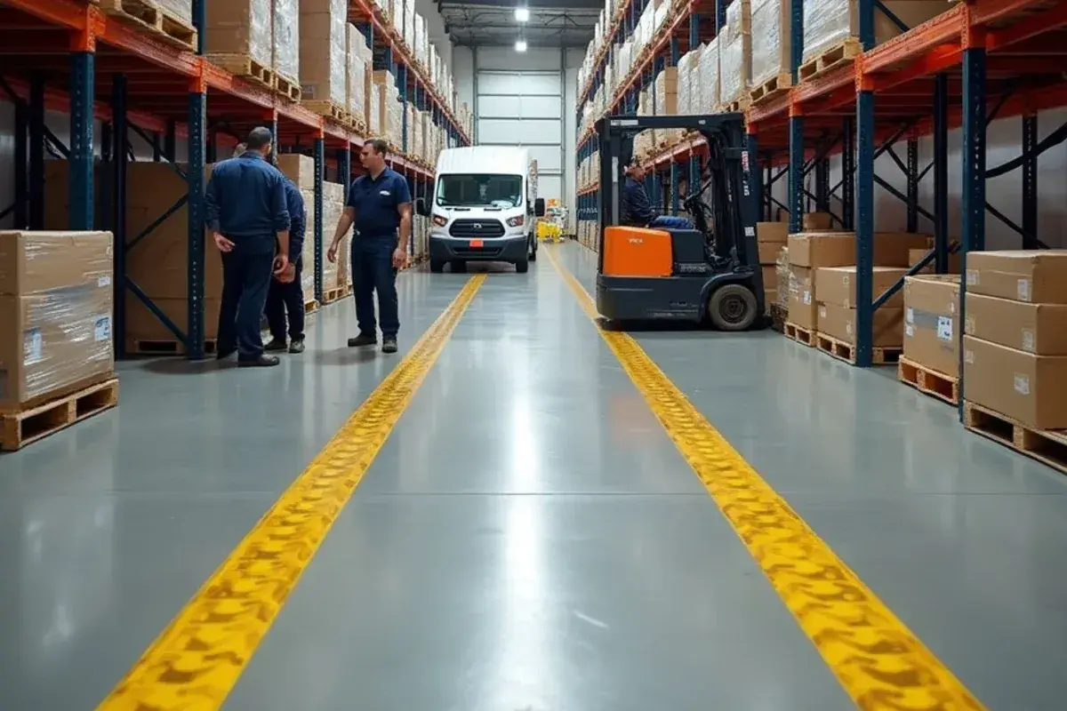 Finished gray epoxy warehouse floor with yellow forklift lane lines in Jacksonville, FL