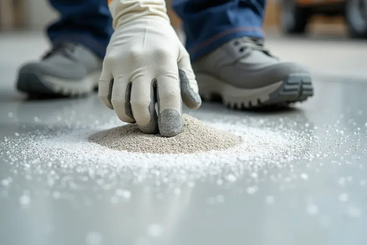 Quartz aggregate broadcast into a wet epoxy coat on a shop floor in Jacksonville, FL