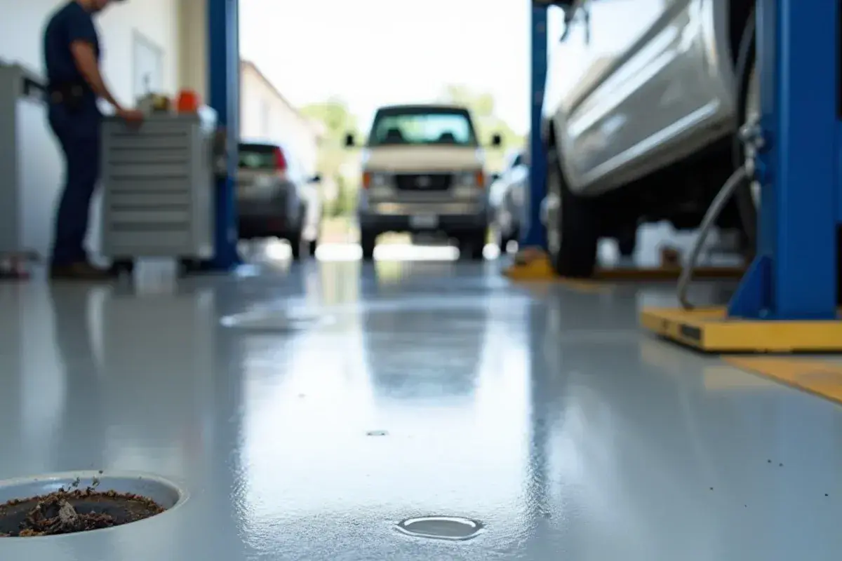 Coated auto service bay floor with a chemical-resistant topcoat in Jacksonville, FL