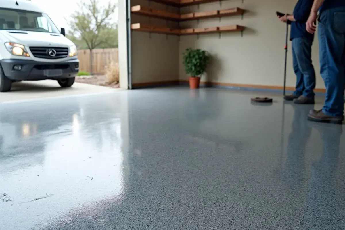 Recoated flake garage floor with an even clear topcoat in Jacksonville, FL