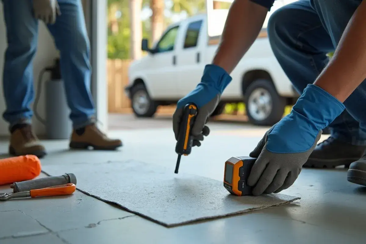 Installer checking slab temperature against dew point before epoxy work in Jacksonville, FL