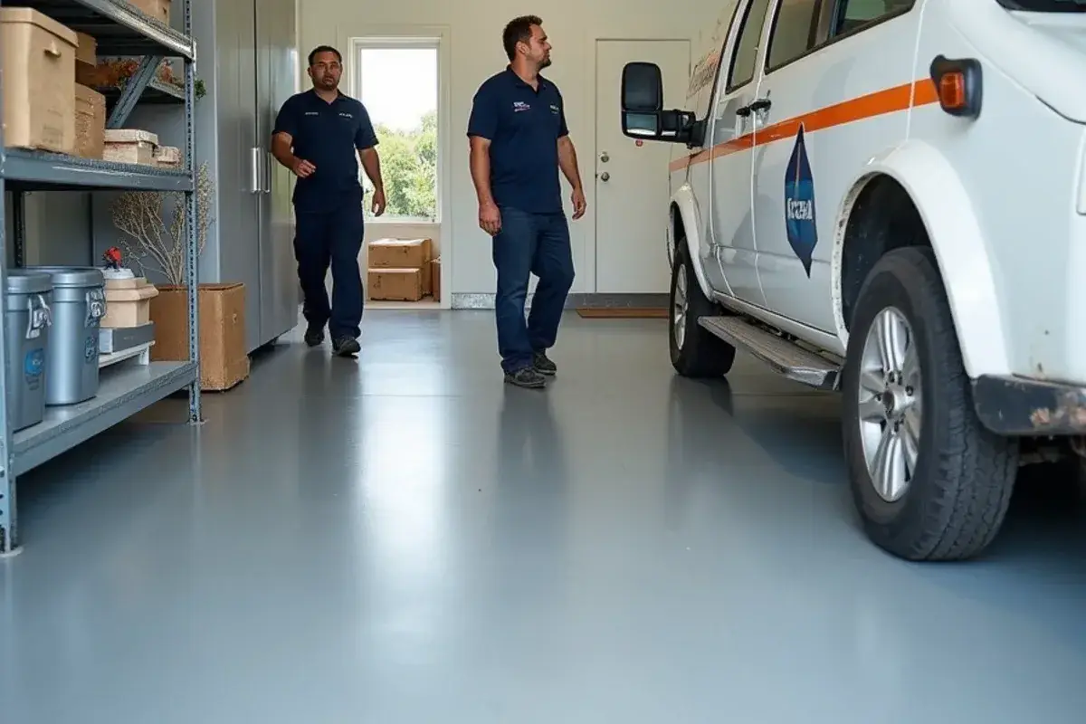 Solid gray epoxy floor under a clear topcoat in a Jacksonville, FL storage room