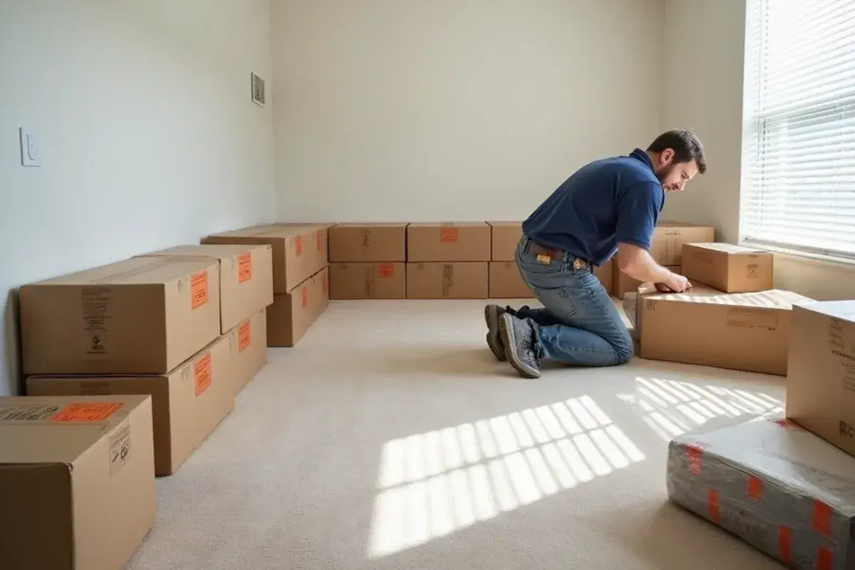 Plank flooring cartons laid flat to acclimate in an air-conditioned Jacksonville, FL room