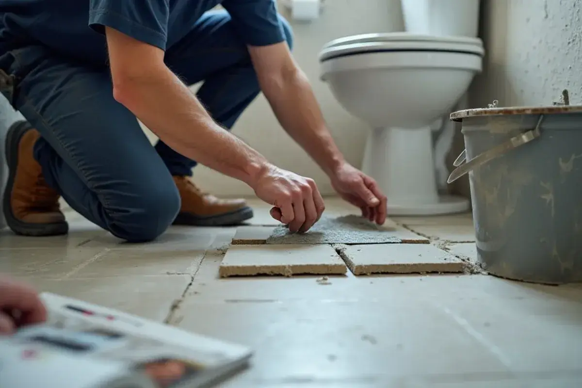 Porcelain tile being set with rapid-set mortar in a small Jacksonville, FL bathroom