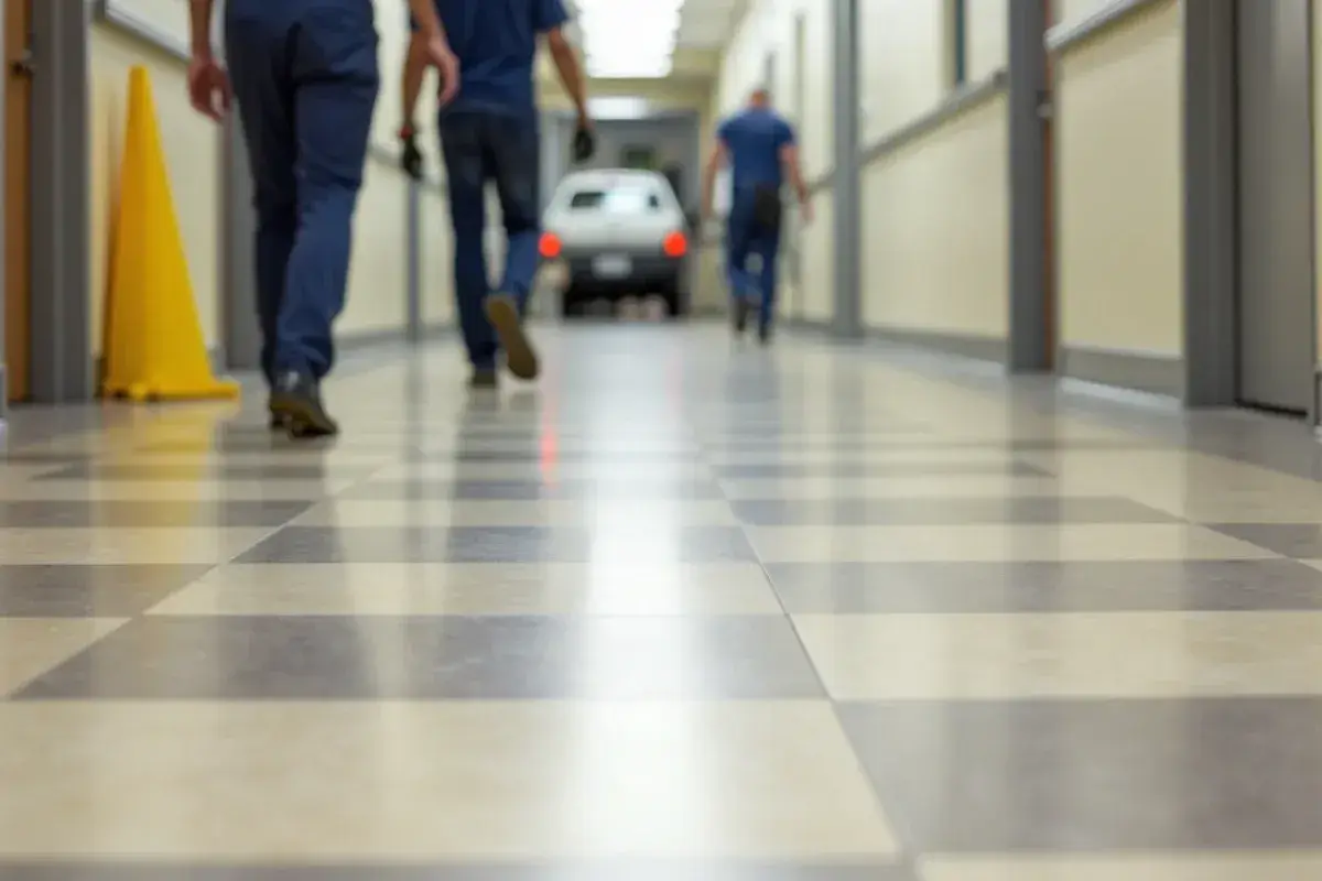 Clear protective coat drying on a VCT hallway floor in a Jacksonville, FL office