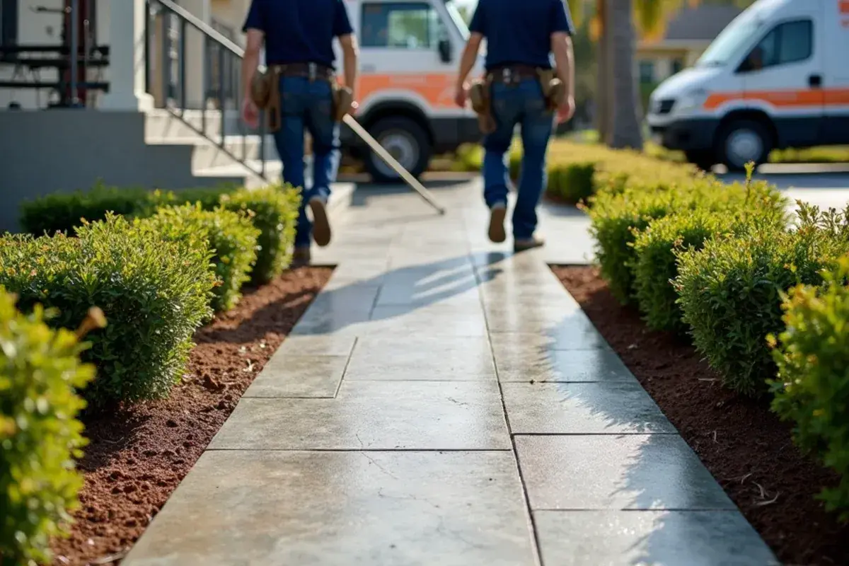 Freshly sealed stamped concrete walkway leading to a front door in Jacksonville, FL