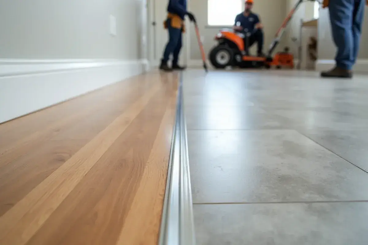 Finished vinyl plank floor meeting tile at a flush transition strip in a Jacksonville, FL hallway