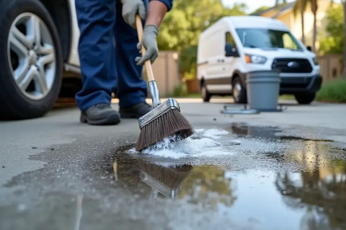 Oil stain being degreased on a bare garage slab in Jacksonville, FL