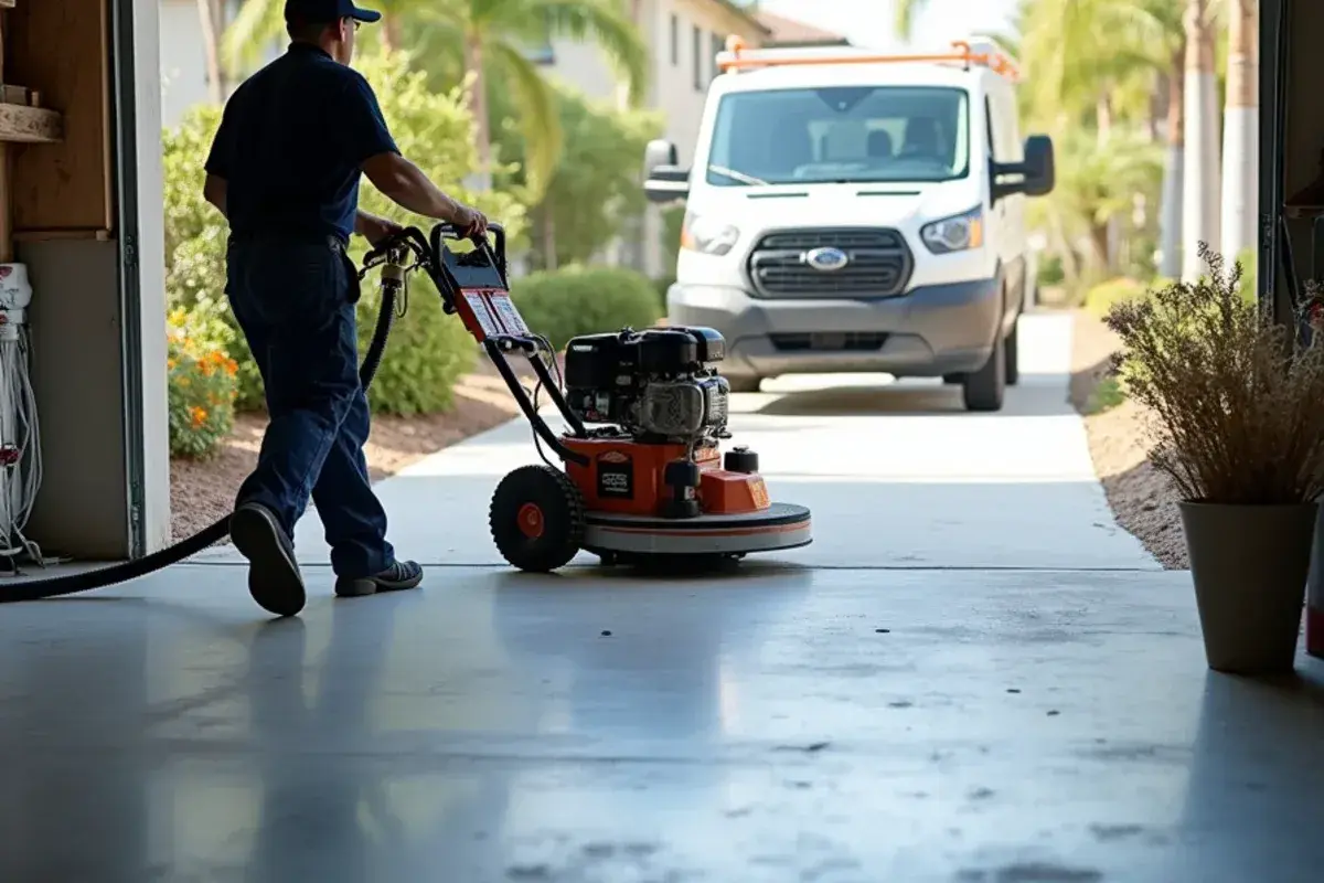 Walk-behind diamond grinder prepping a two-car garage slab in Jacksonville, FL