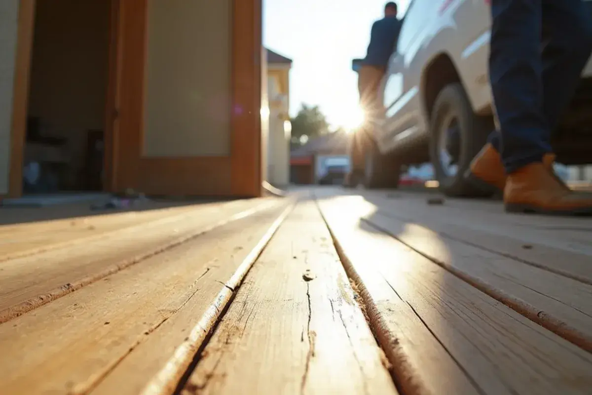 Cupped solid hardwood boards near an exterior door in a Jacksonville, FL home