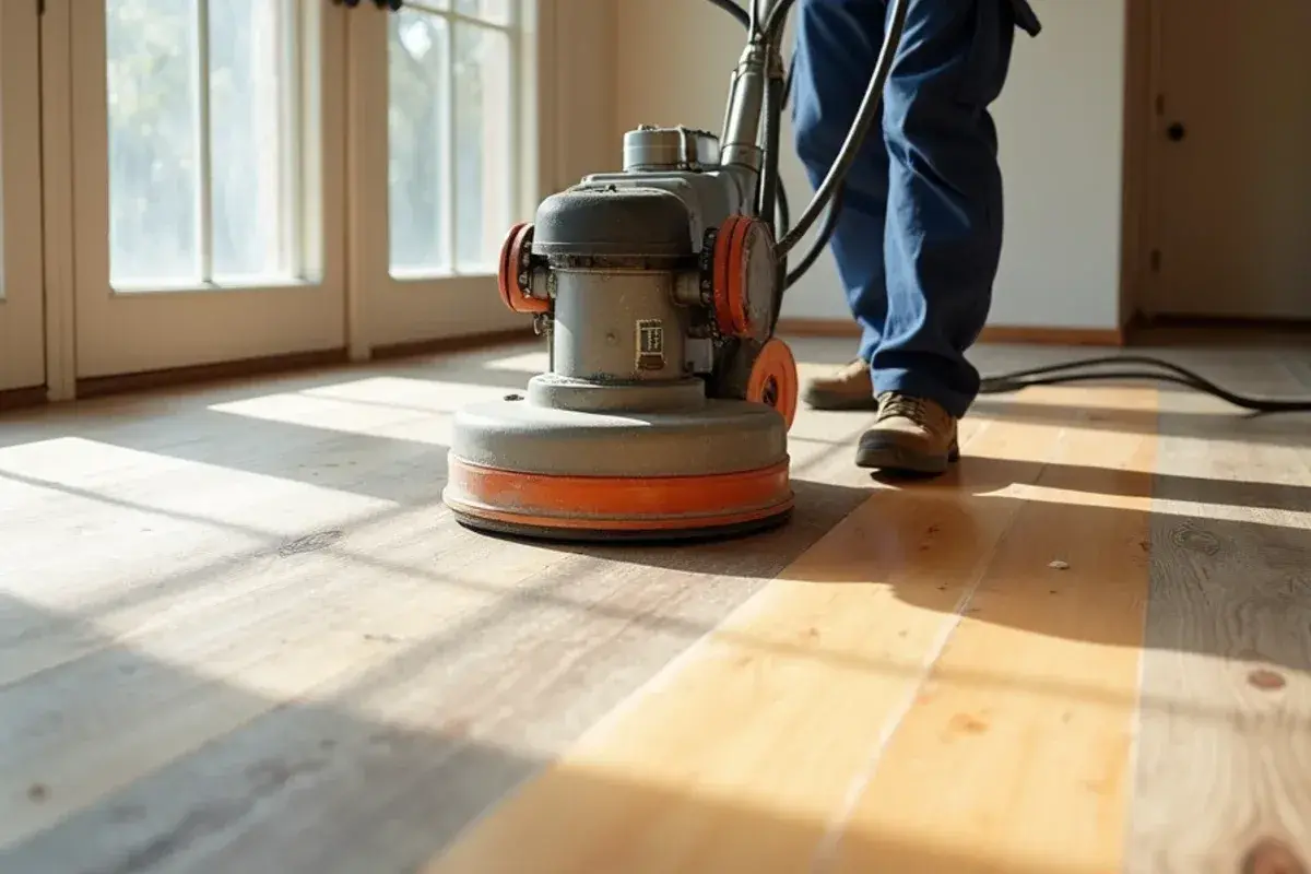 Drum sander taking an old finish off hardwood floors in a Jacksonville, FL living room
