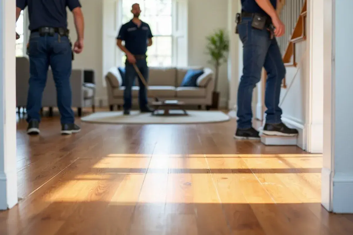Finished engineered hardwood floor with painted baseboards in a Jacksonville, FL family room