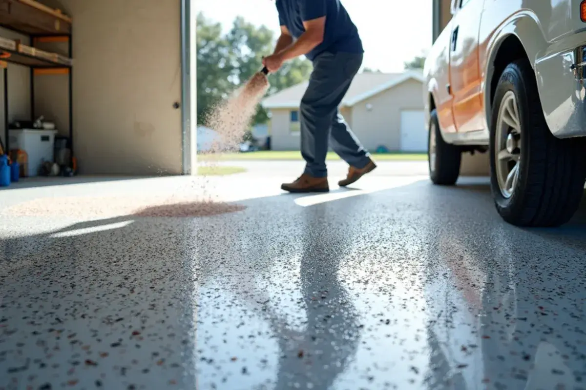 Broadcast flake epoxy coating curing on a two-car garage slab in Jacksonville, FL