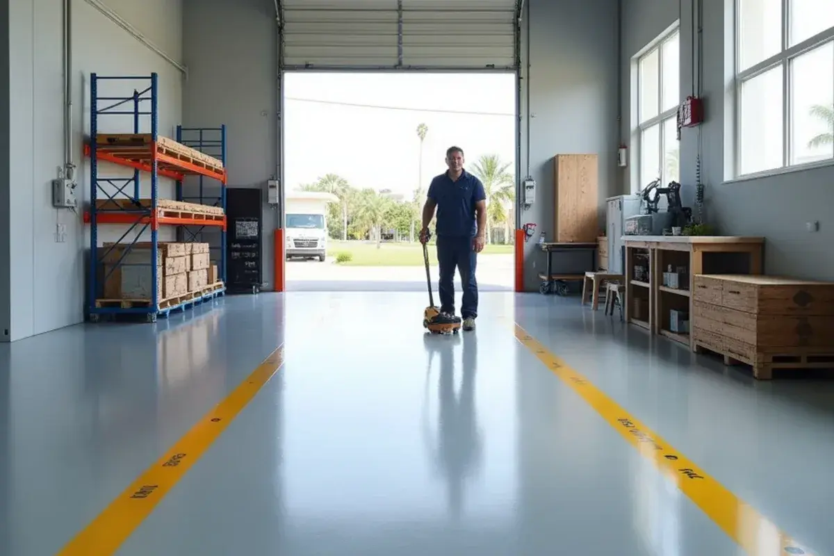 Solid gray commercial epoxy floor with yellow safety striping in a Jacksonville, FL warehouse