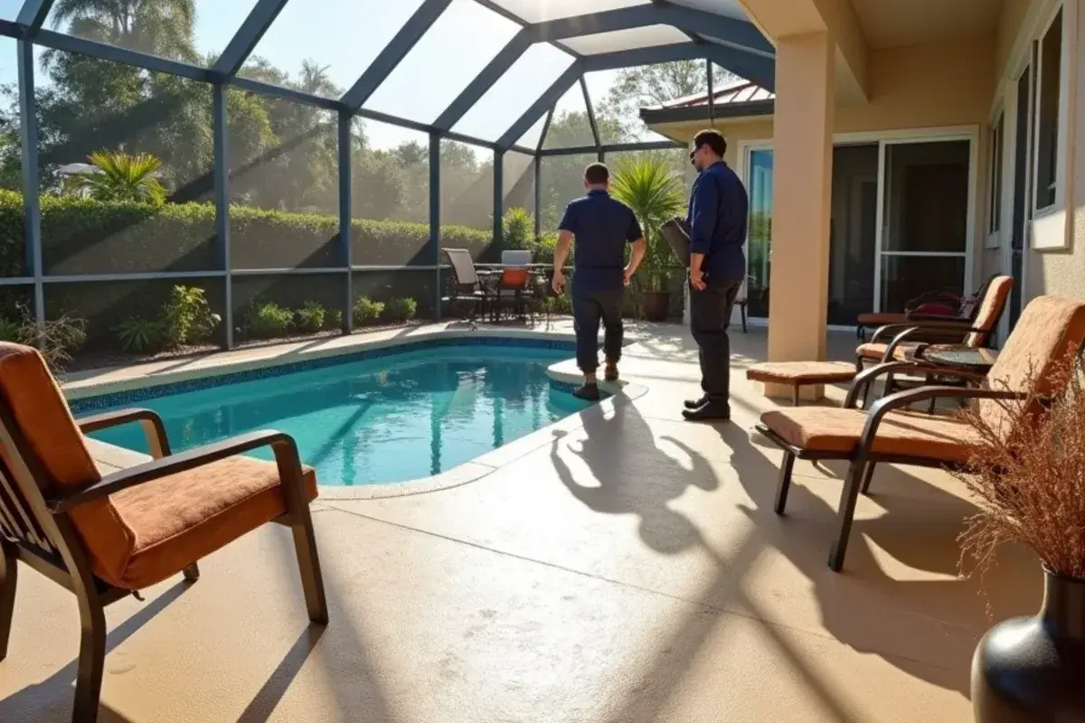 Light tan textured coating on a screened lanai and pool deck in Jacksonville, FL